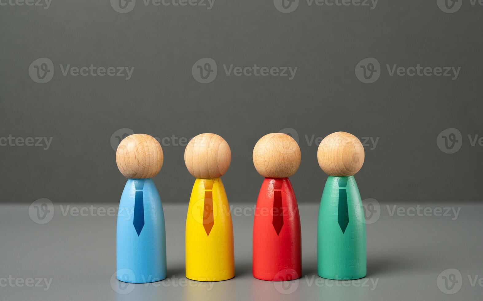 Figures of people with ties. Workers and employees. Different departments. Corporate structure, teamwork, office hierarchy. Professional roles in a business environment. photo