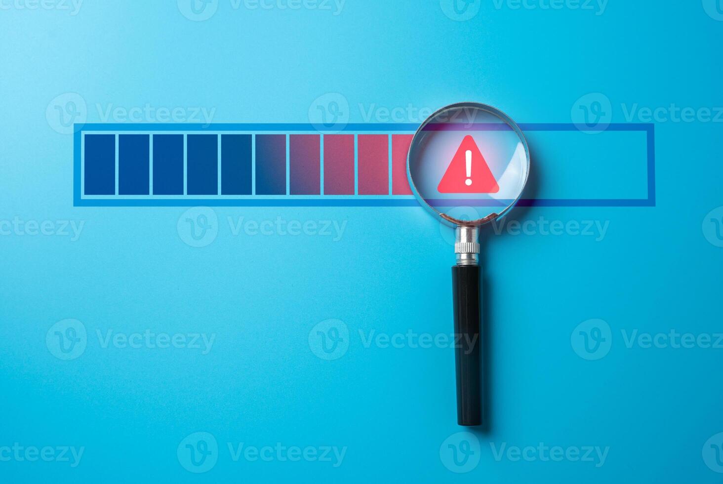 Magnifying glass with warning sign on progress bar. Find problem stop or malfunction. Detecting issues, troubleshooting errors. Identifying malfunctions, stopping critical problems in processes. photo