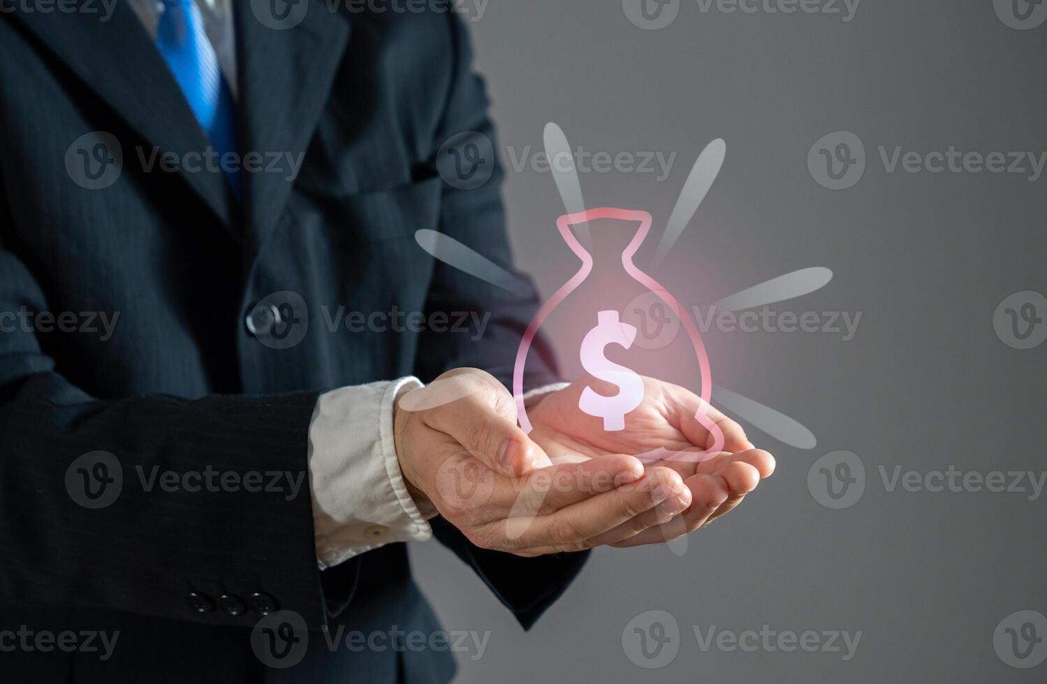 A businessman holds a symbol of a disappearing money bag. Financial loss, economic instability. Devaluation, inflation. Hidden expenses in business and investments. photo