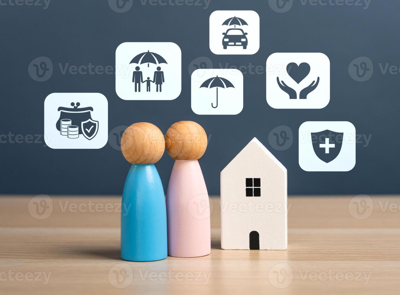 Insurance services and figures of a married couple with a house. Family protection, home insurance, financial security, life coverage, and risk management. photo