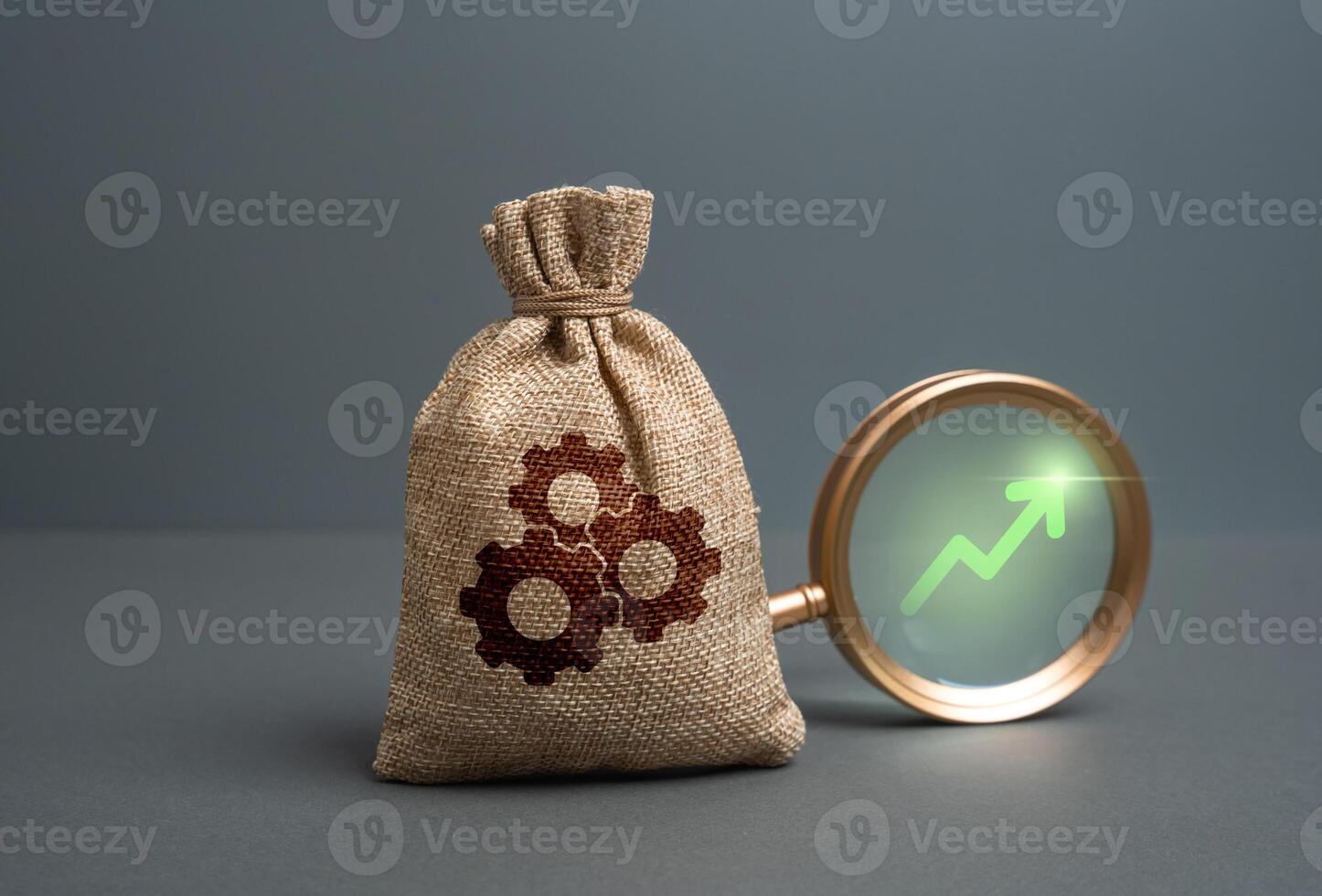 A bag of technical components and a green arrow pointing up. Concept of rising prices for parts, increasing volumes and quality of products. Market expansion, production scaling photo