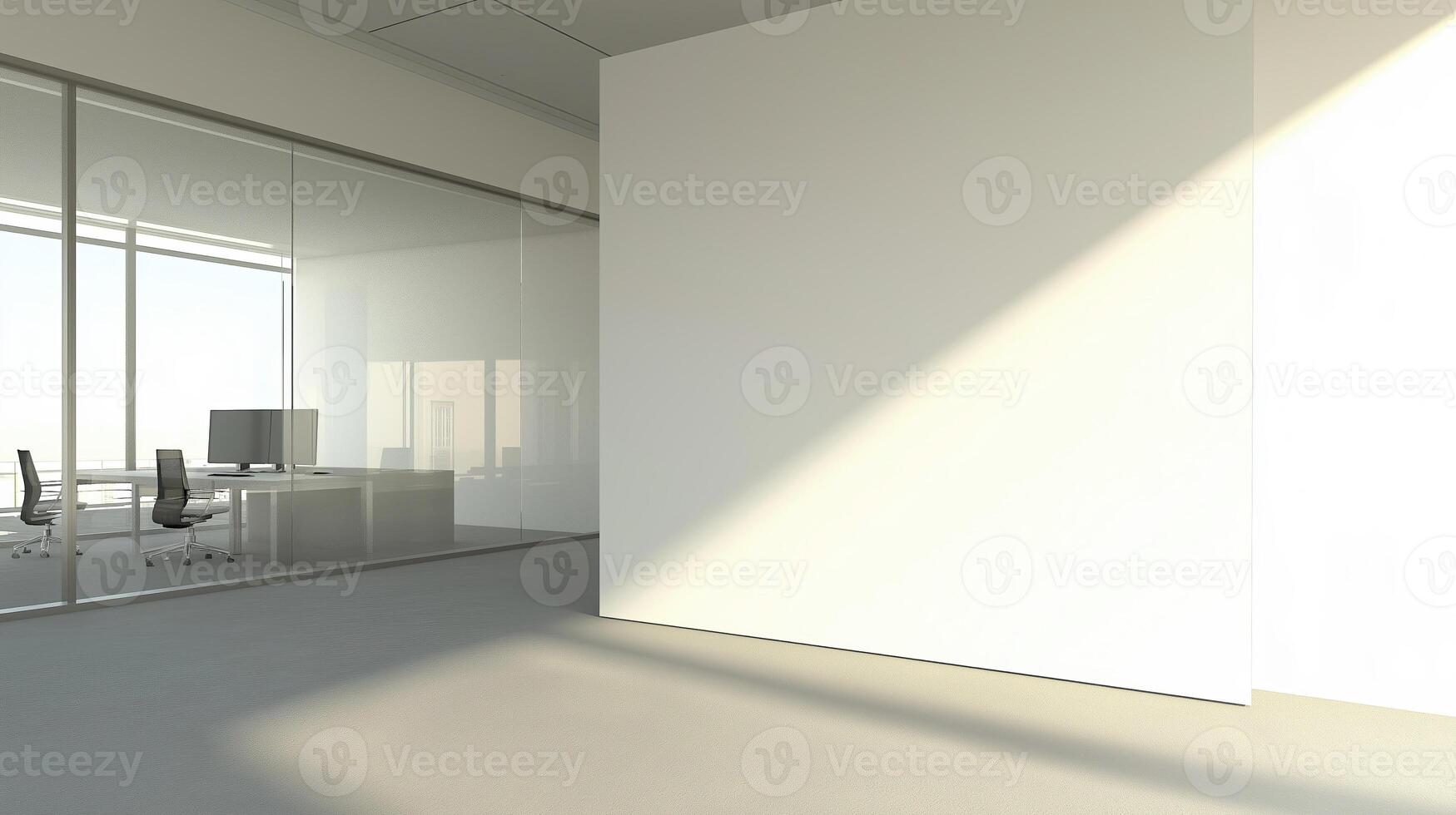 Empty office with large windows and a desk photo