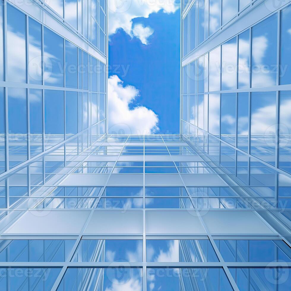 A view of a building with windows and a sky photo