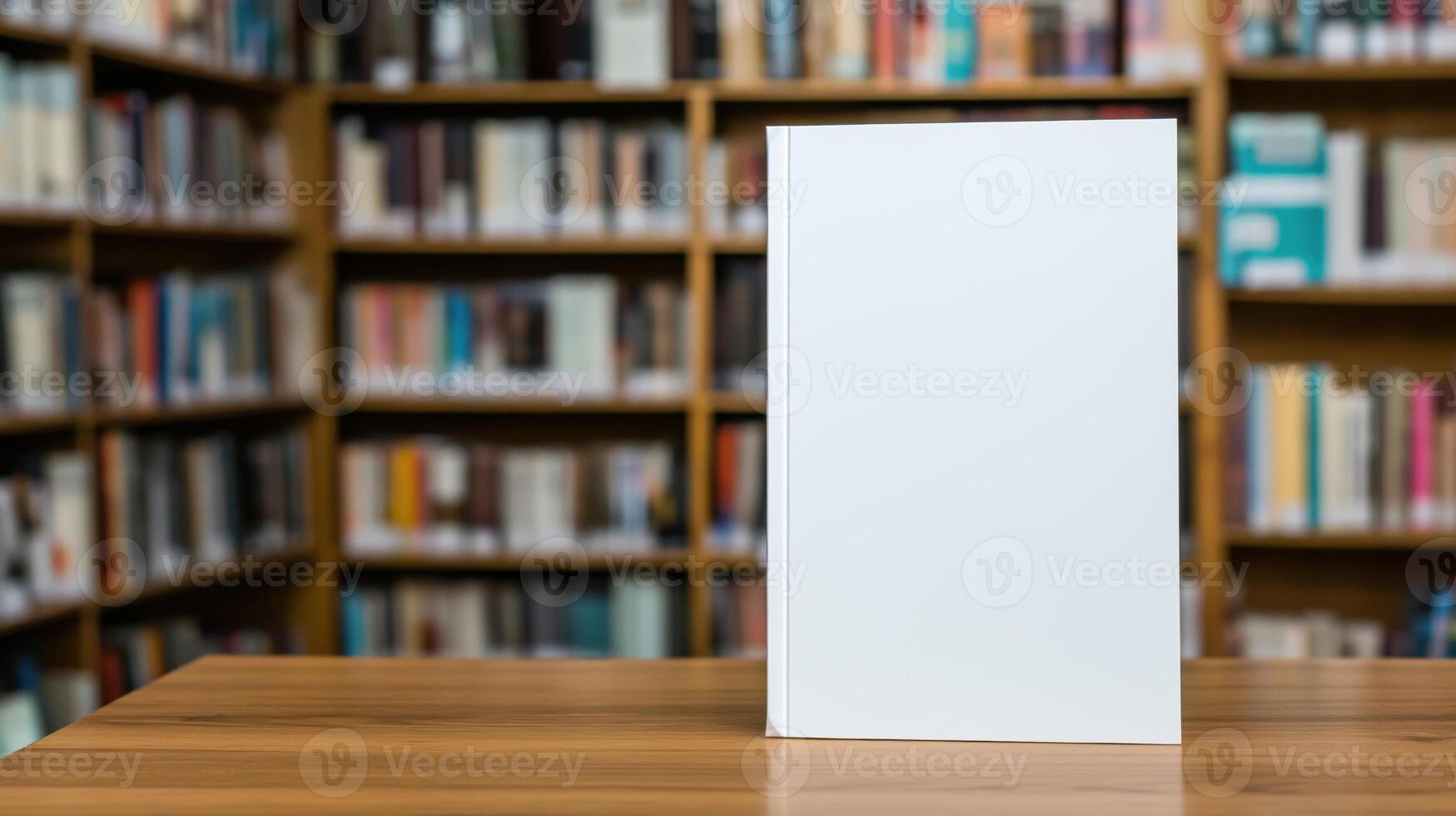 Blank book on table in library with books photo