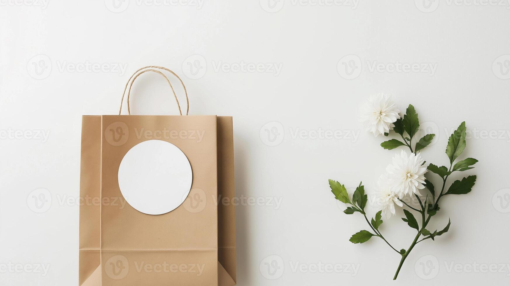 Brown paper bag with white flowers on white background photo