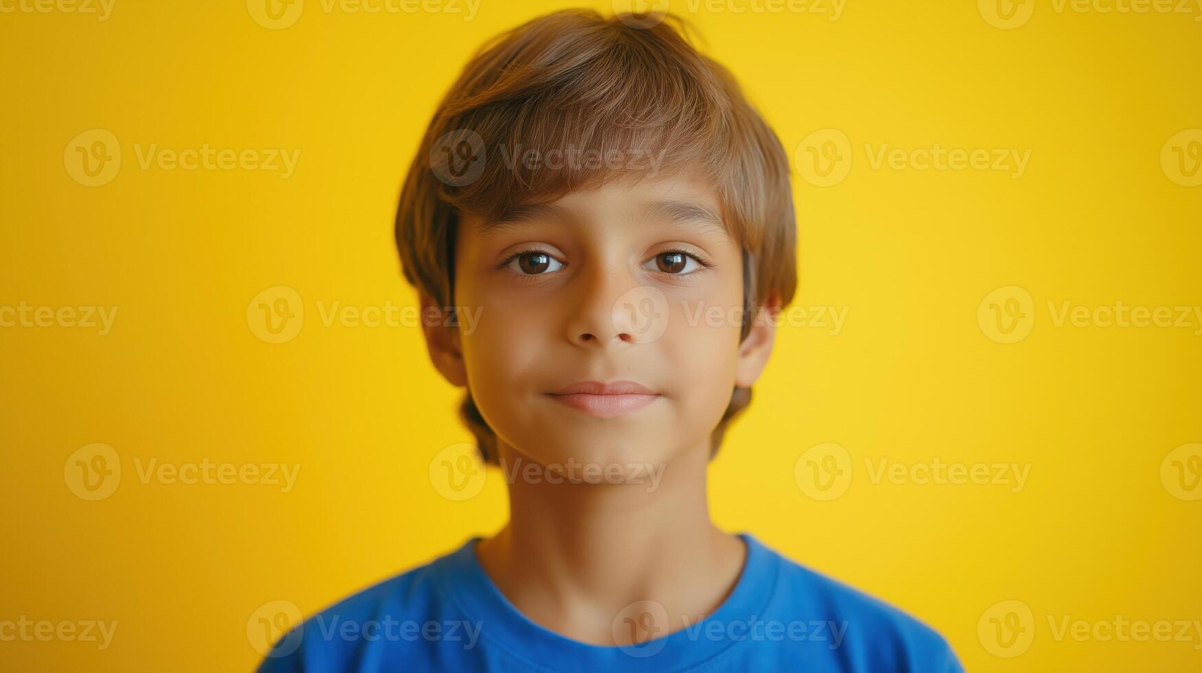 A young boy with a blue shirt on a yellow background photo