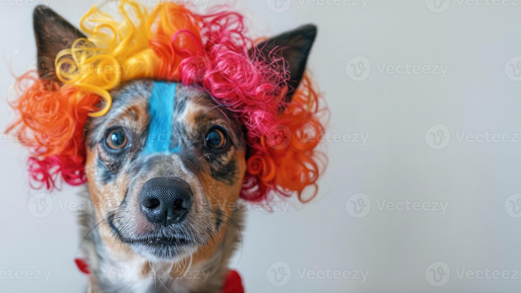 cute dog wearing a colorful clown wig, looking directly at the camera with a playful expression. A perfect image for April Fools Day, circus themes, or humorous pet moments photo