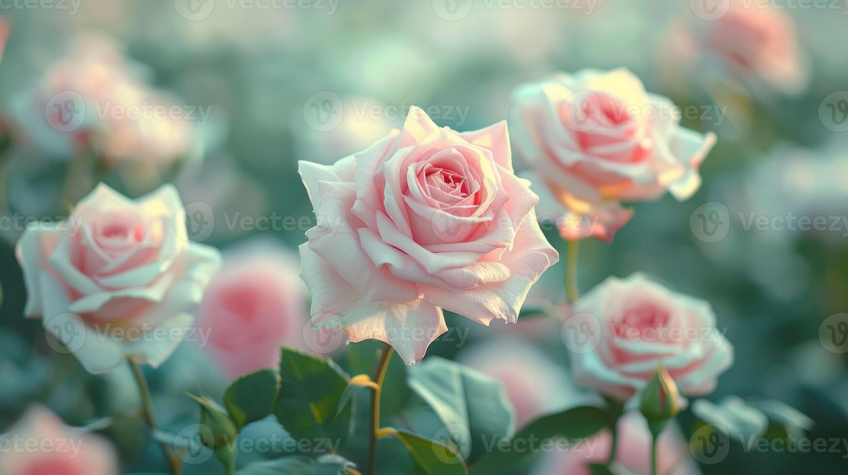 Delicate pink roses with green stems and leaves bloom in the garden. Soft daylight. Floral background for congratulations, message and wedding invitation photo