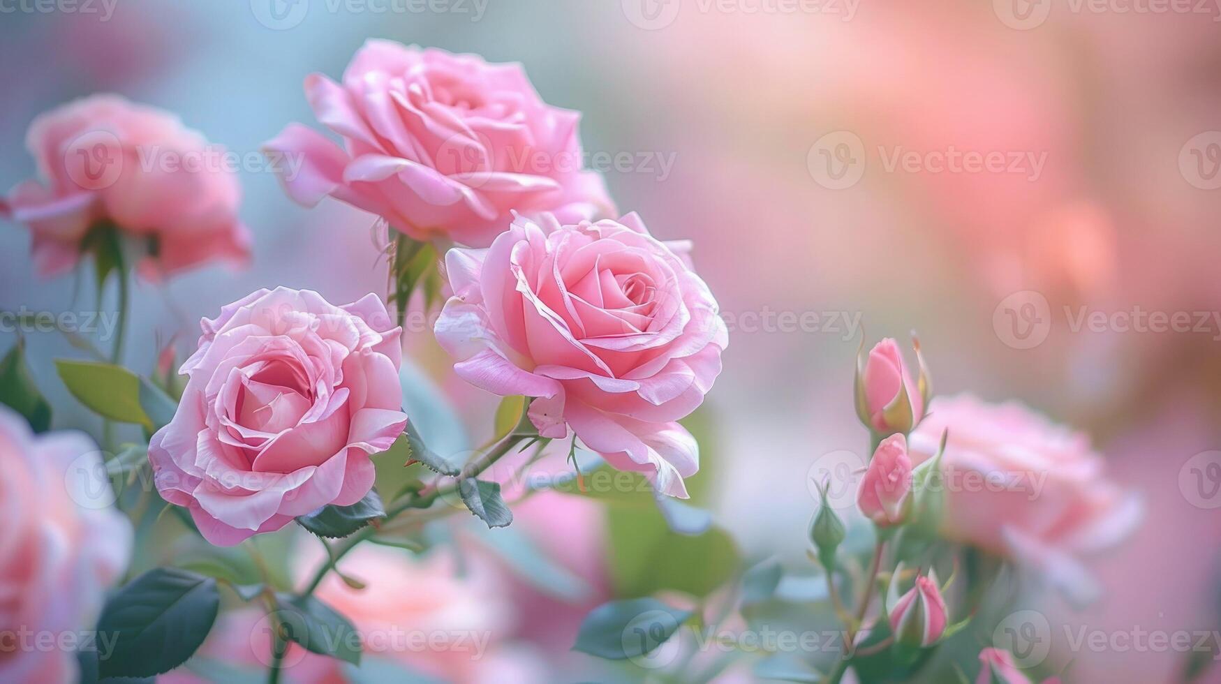 Delicate pink roses in full bloom with soft lighting and a dreamy background. A romantic and elegant floral scene, perfect for weddings or spring themed designs photo