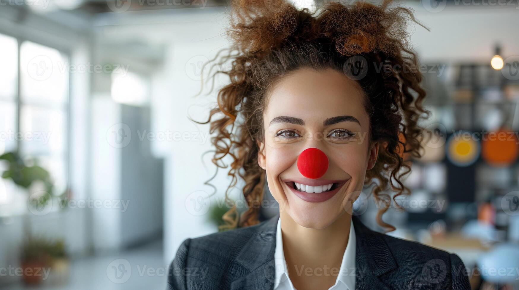 Cheerful businesswoman with red clown nose smiling in modern office. April Fools Day celebration. Creativity and positive energy at work photo