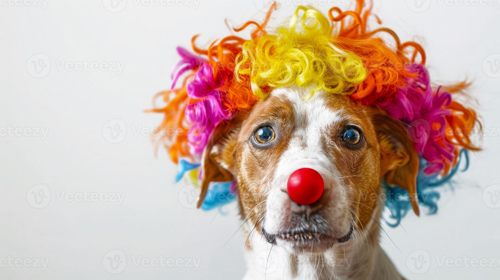 funny dog with a colorful clown wig and red nose, looking straight into the camera. A perfect image for April Fools' Day, circus themes or humorous moments with pets. Copy space photo