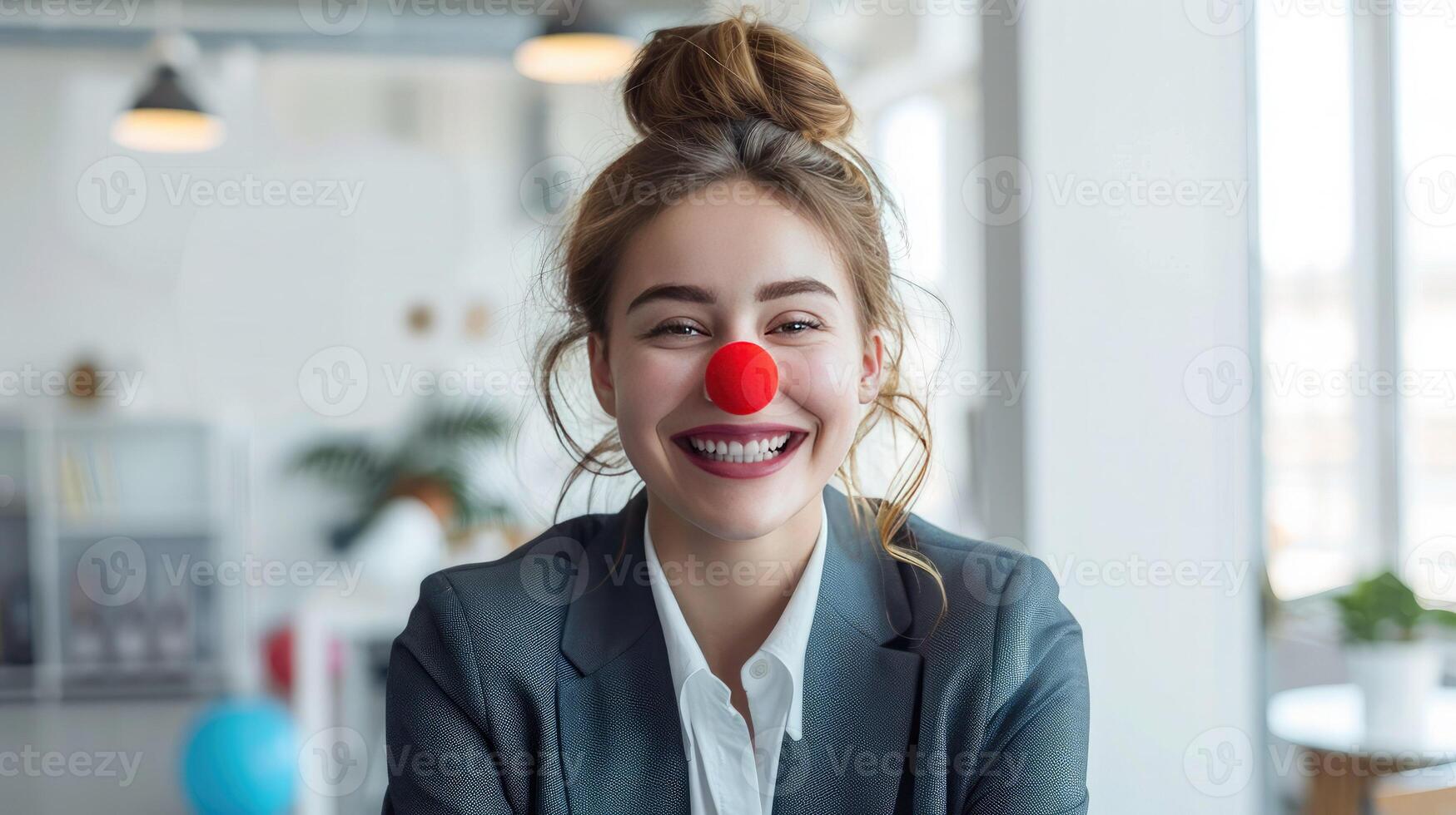 Smiling businesswoman with red clown nose in modern office. Playful and humorous concept of fun at work, creativity. April Fools Day celebration photo