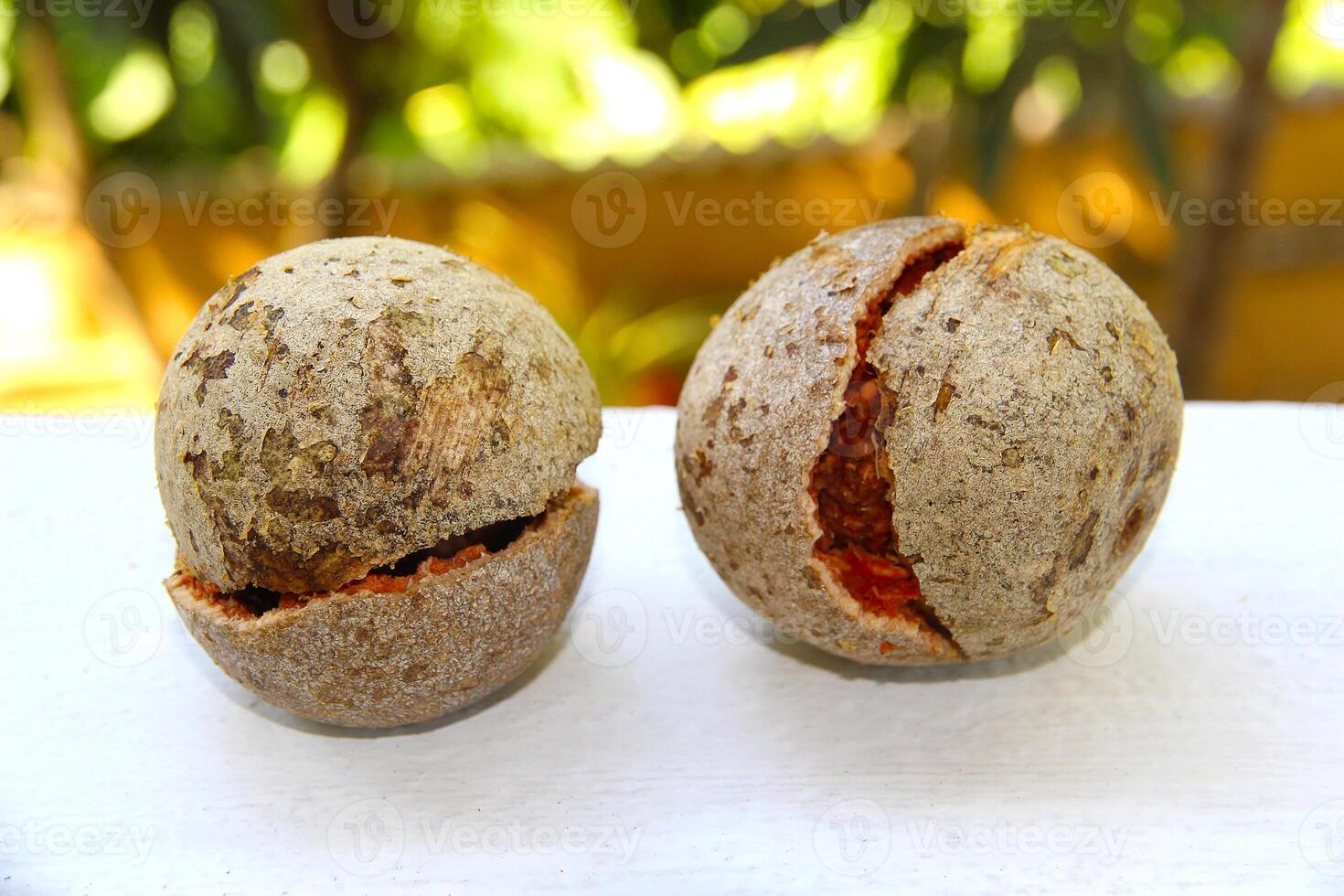 Close up of wood apple cracked in half - one of the famous fruits of South Asia, on white table and natural green blurred background. photo