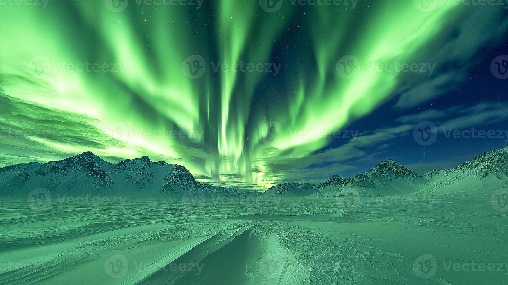 Landscape of Northern lights aurora borealis green and purple with snow mountains Reflection in the lake water at night, In Scandinavia Country Winter Season, North pole photo