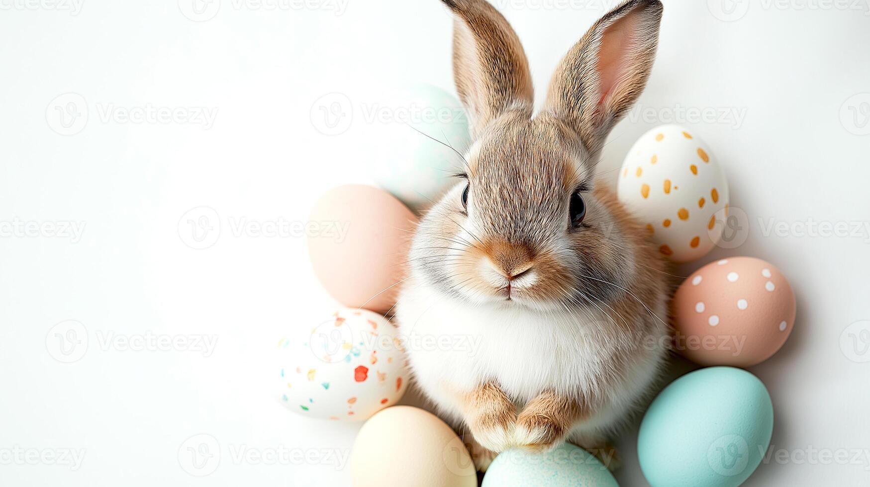 Happy easter Cute white bunny sitting with the easter eggs white color scheme and flowers on white background and copy space photo