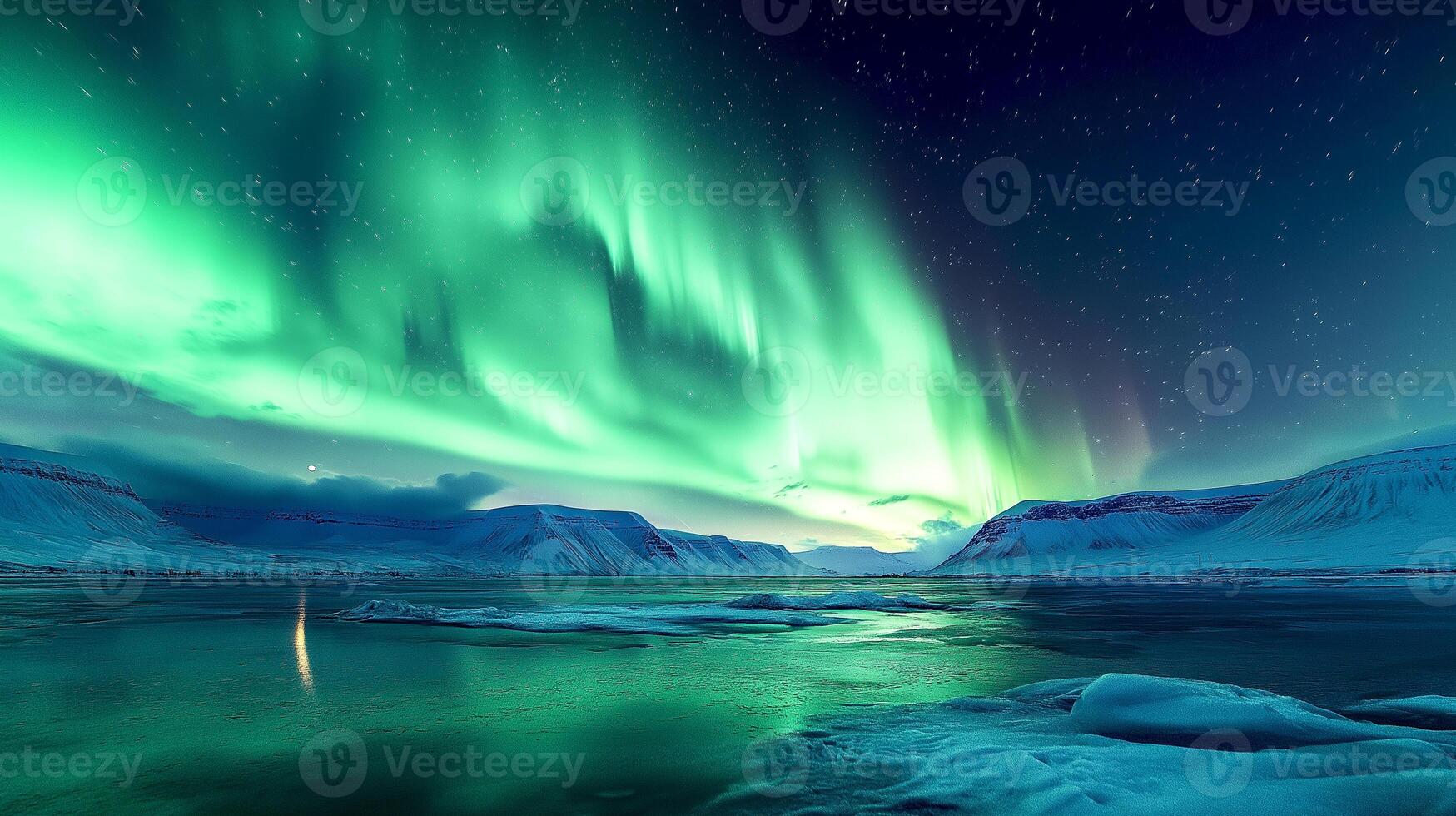 Landscape of Northern lights aurora borealis green and purple with snow mountains Reflection in the lake water at night In Scandinavia Country Winter Season, North pole photo