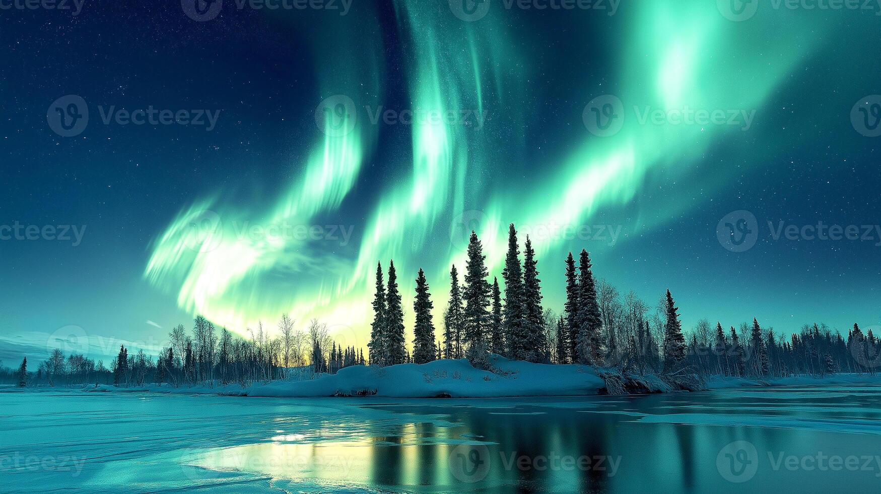 Landscape of Northern lights aurora borealis green and purple with snow mountains Reflection in the lake water at night, In Scandinavia Country Winter Season, North pole, Europe photo
