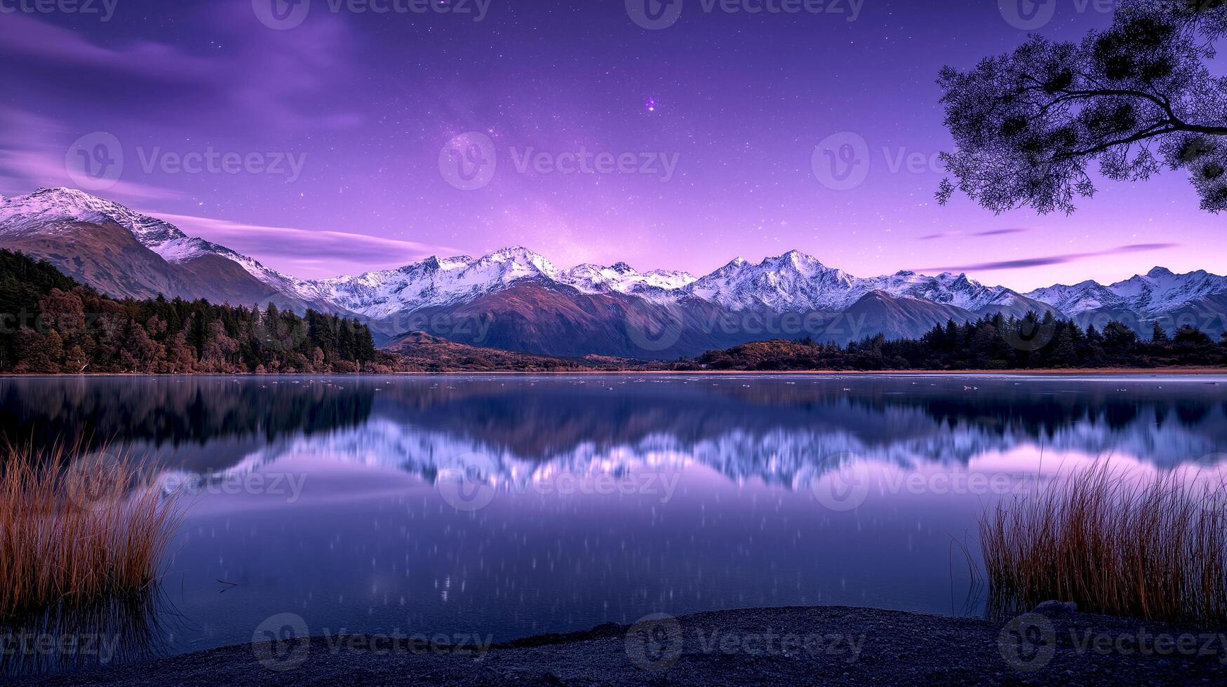 Landscape snow mountains, lake aurora borealis New Zealand photo