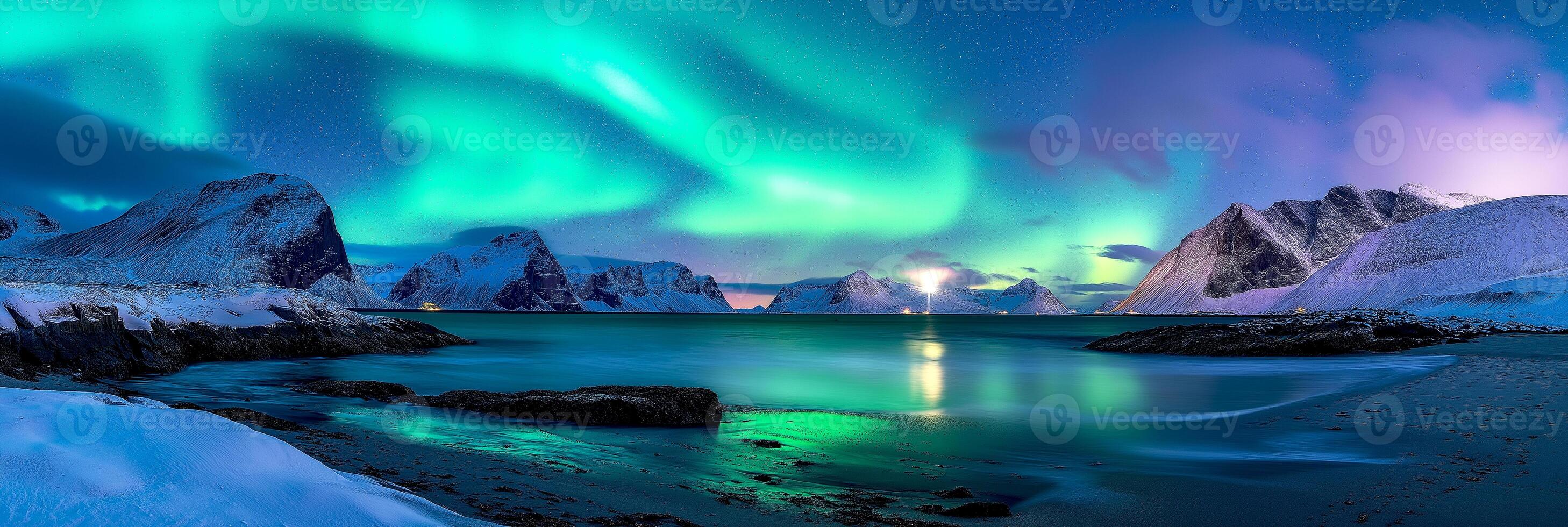 Panorama Northern lights aurora borealis green and blue with snow mountains at night in Scandinavia Country Winter Season, North pole photo