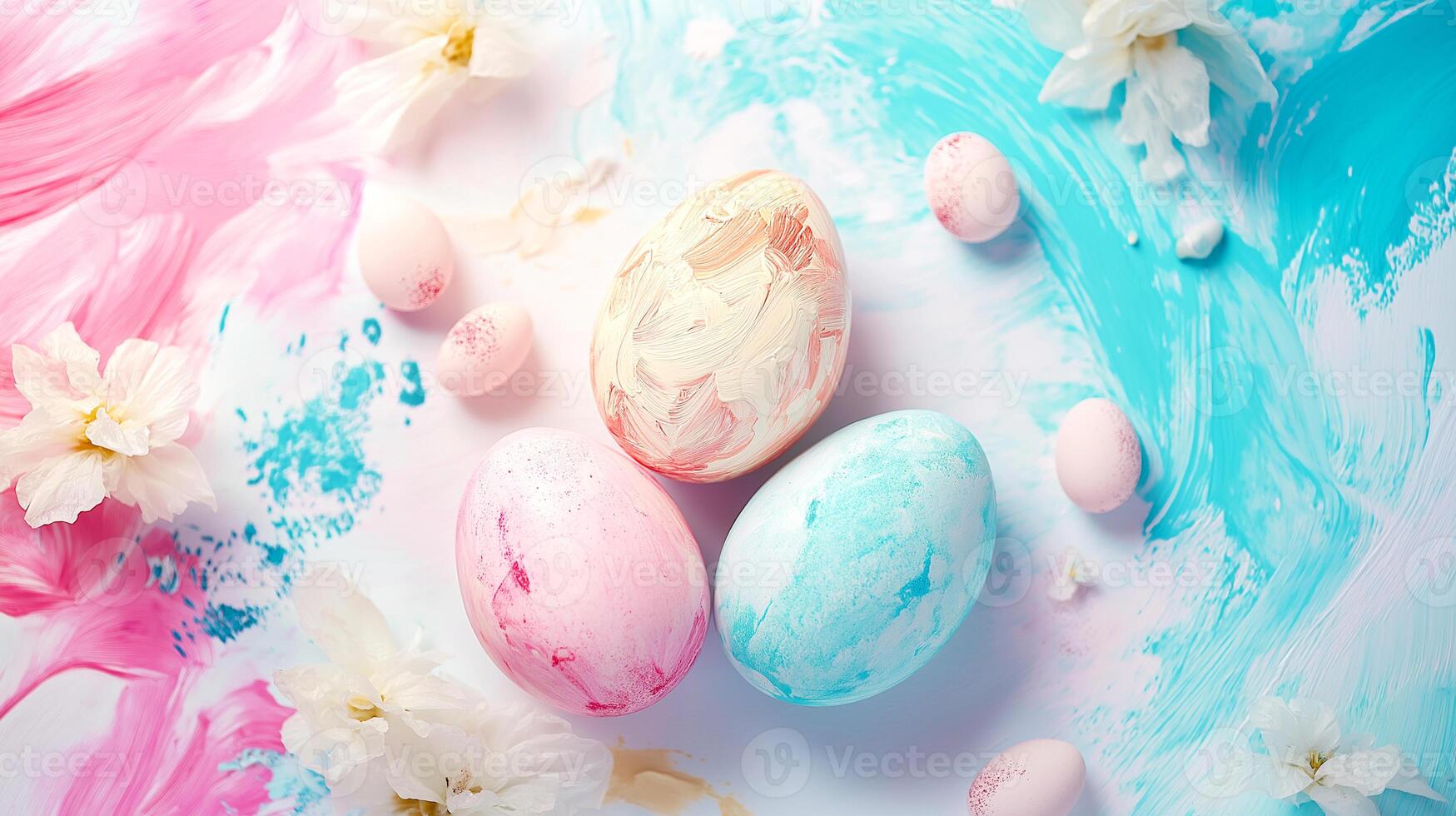 Happy Easter eggs brush pattern pastel color with decorative elements spring season on white background Top view photo