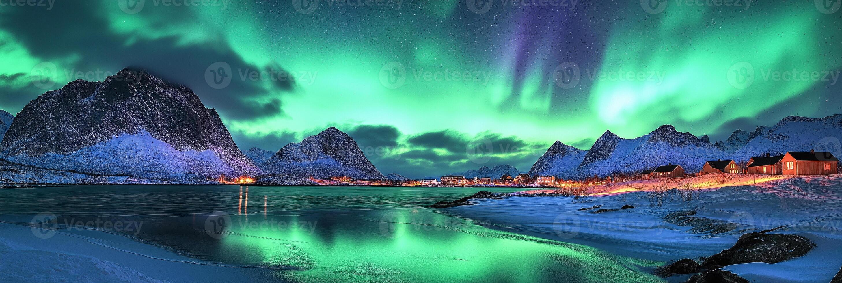 Panorama Northern lights aurora borealis green and blue with snow mountains at night, In Scandinavia Country Winter Season, North pole, Europe photo