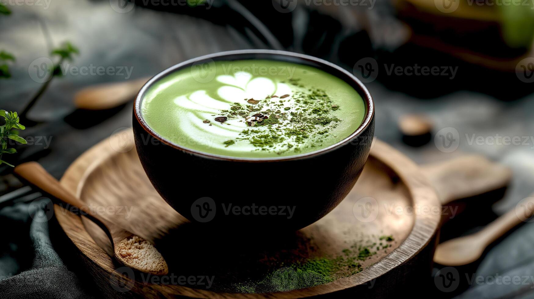 a bowl of green tea with a whisk and cup on wood plate photo