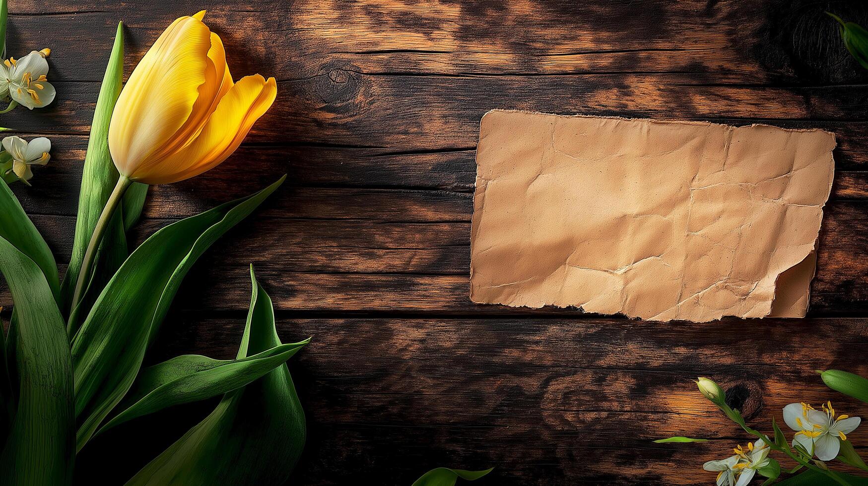 Blank greeting wood card with yellow tulip flower on wooden table with vintage and vignette tone photo