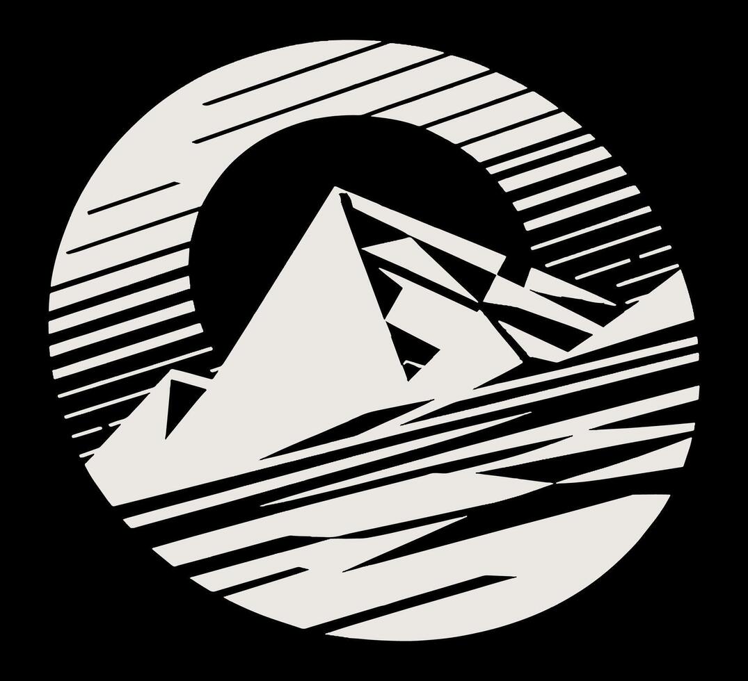 A black and white logo of a mountain with a sun in the background vector