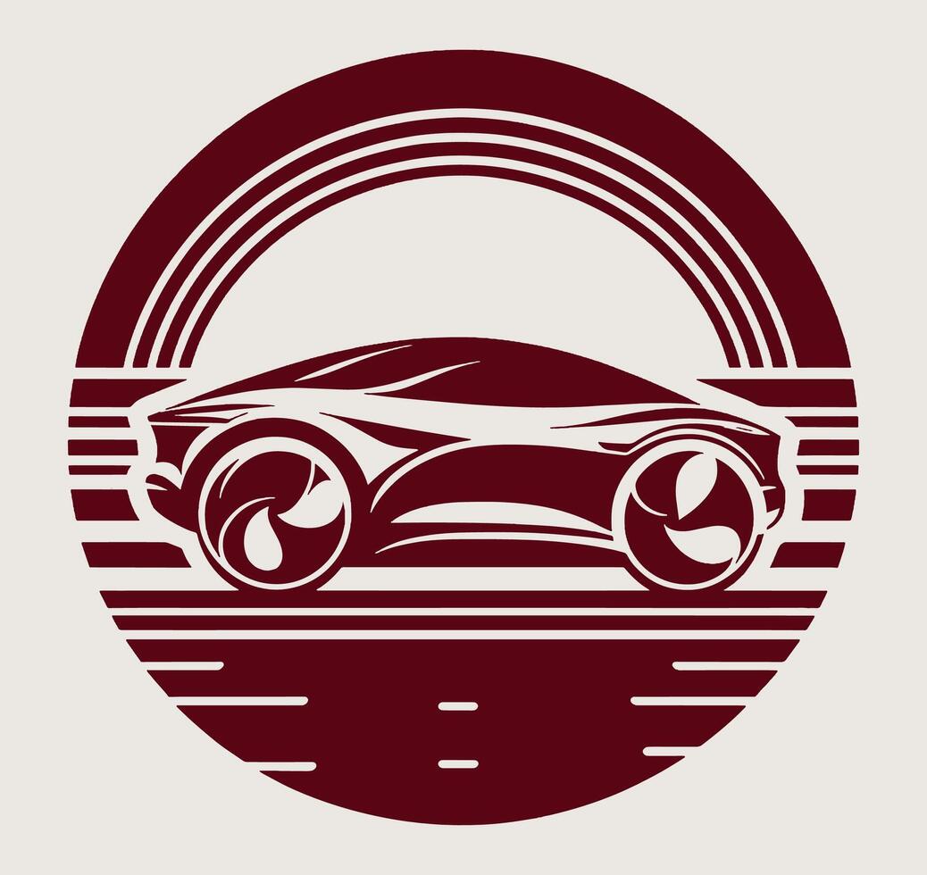 The car is in a circular shape with a sun in the background vector