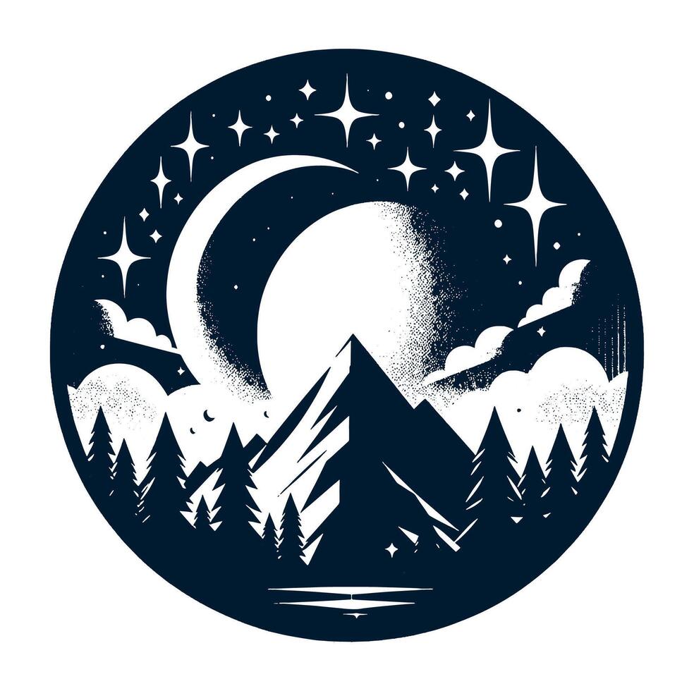 A mountain with trees and a moon in the sky vector