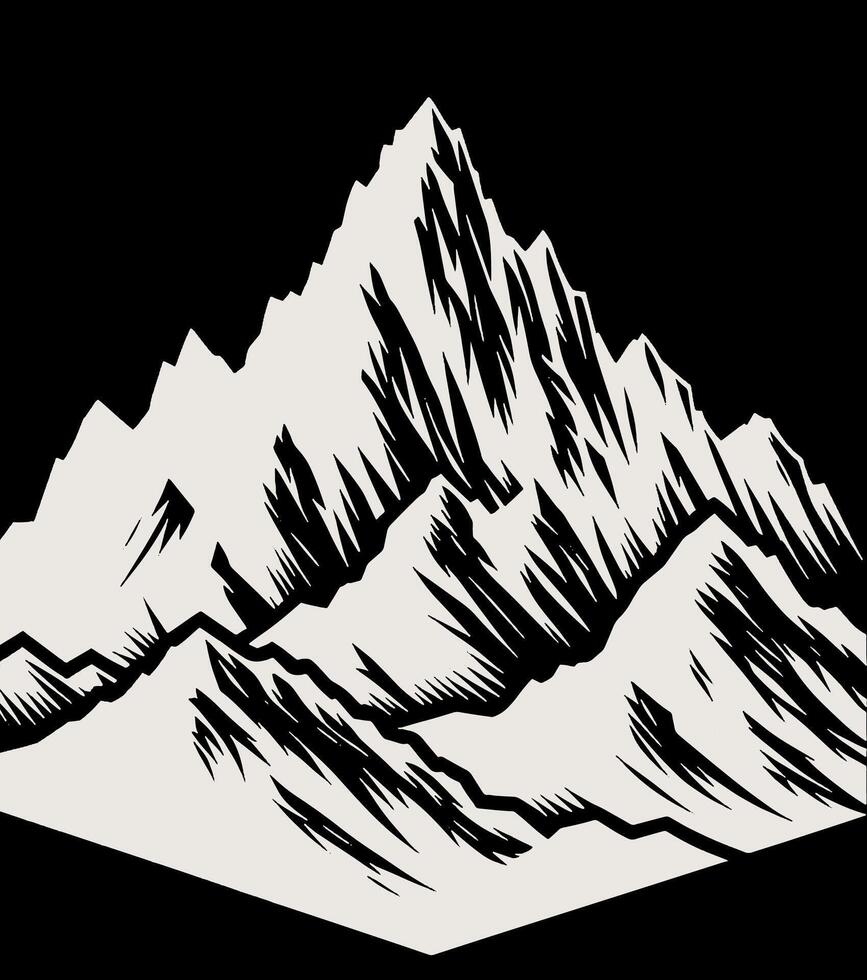 A mountain range is shown in a black and white drawing vector