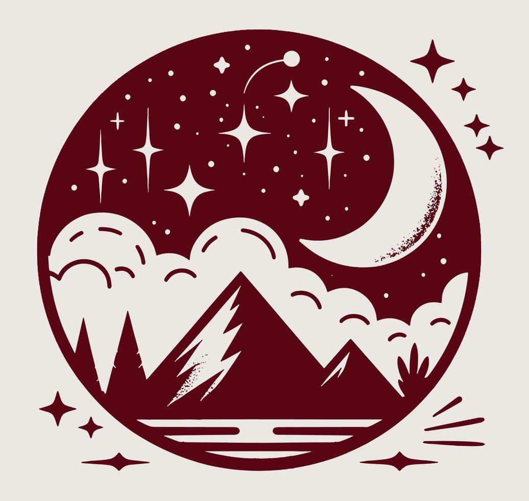 A mountain and a moon in a circle with stars vector