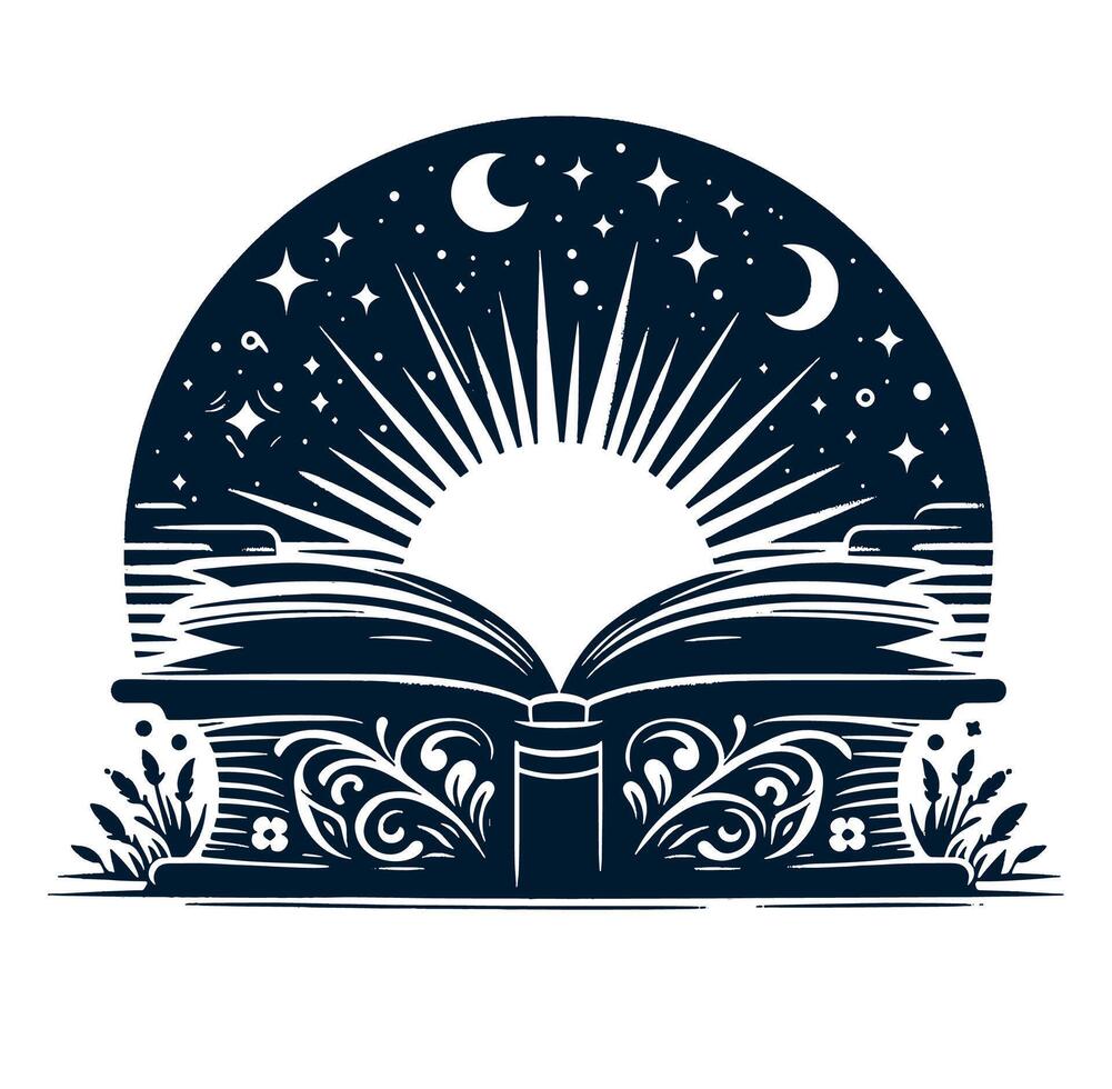 An open book with stars and moon in the background vector