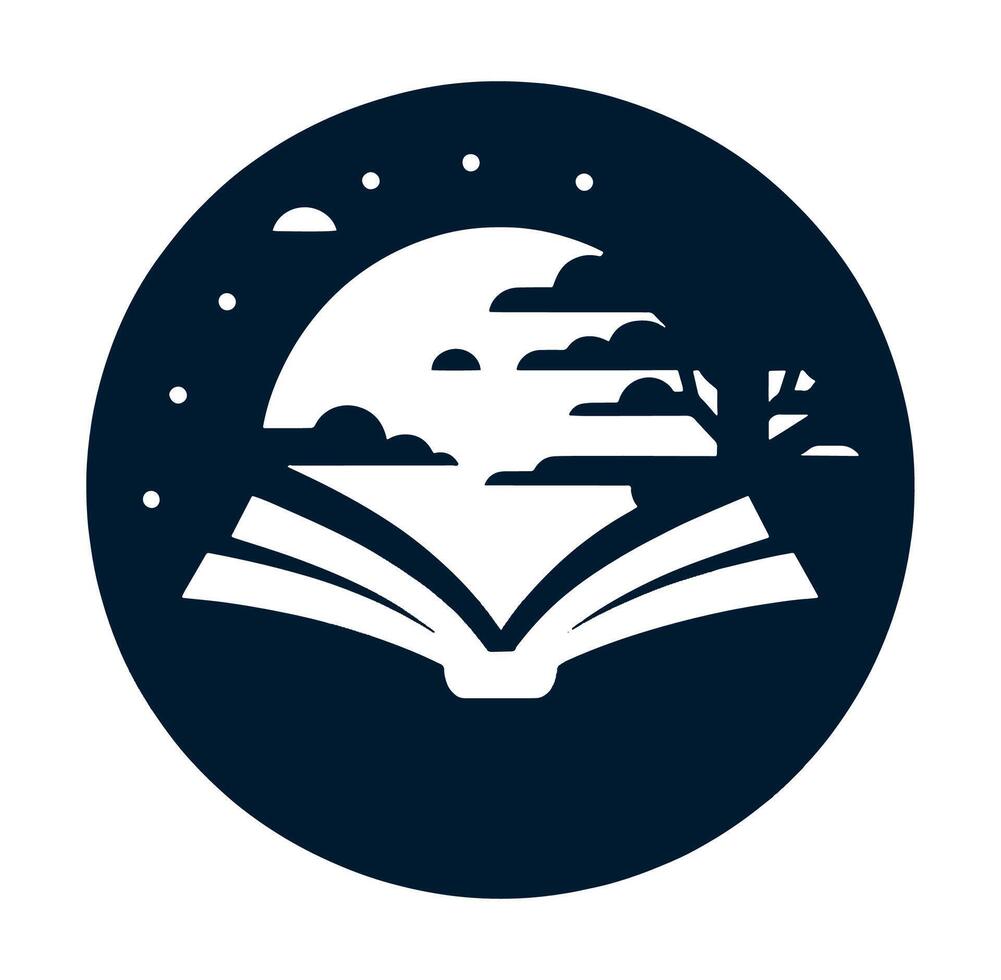 A black and white image of an open book with trees and a moon vector