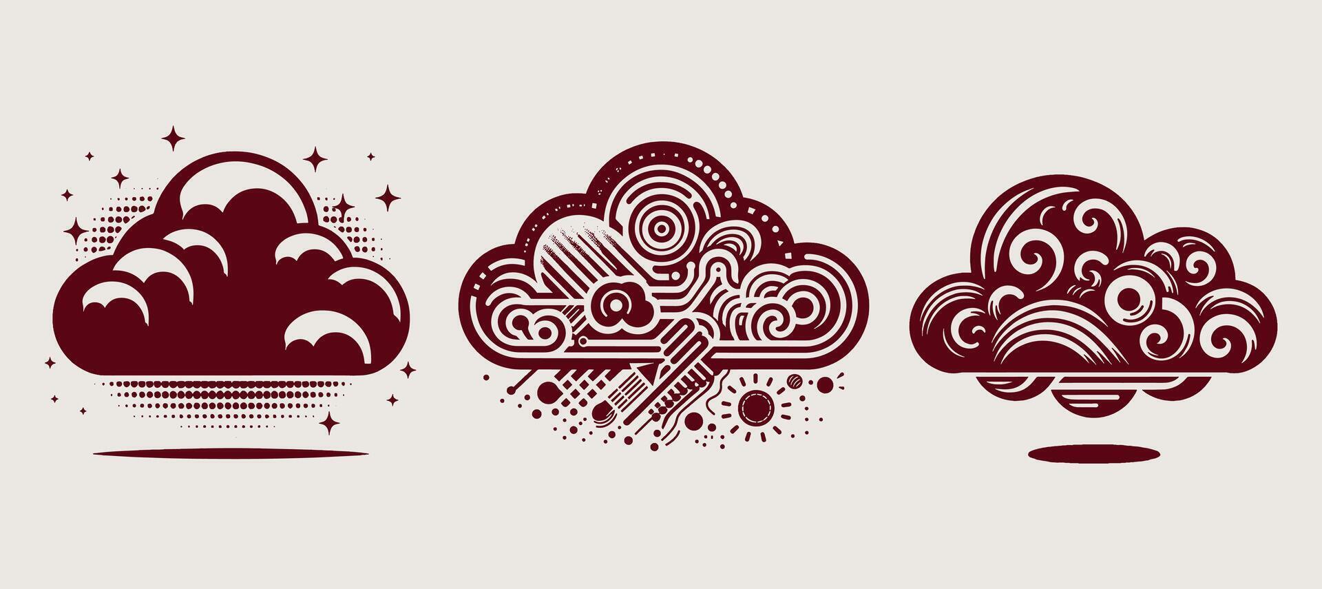 Three different types of clouds and rain on gray. vector