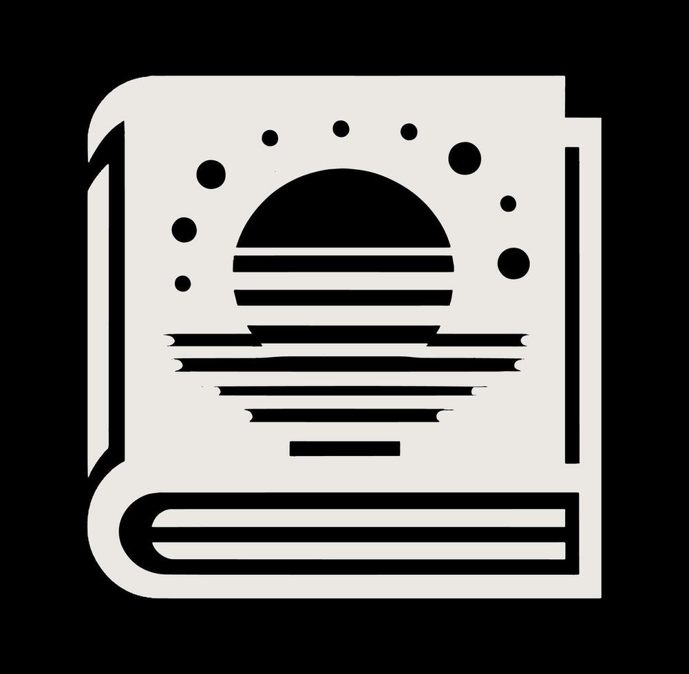 A black and white image of a book with a sun in the background vector