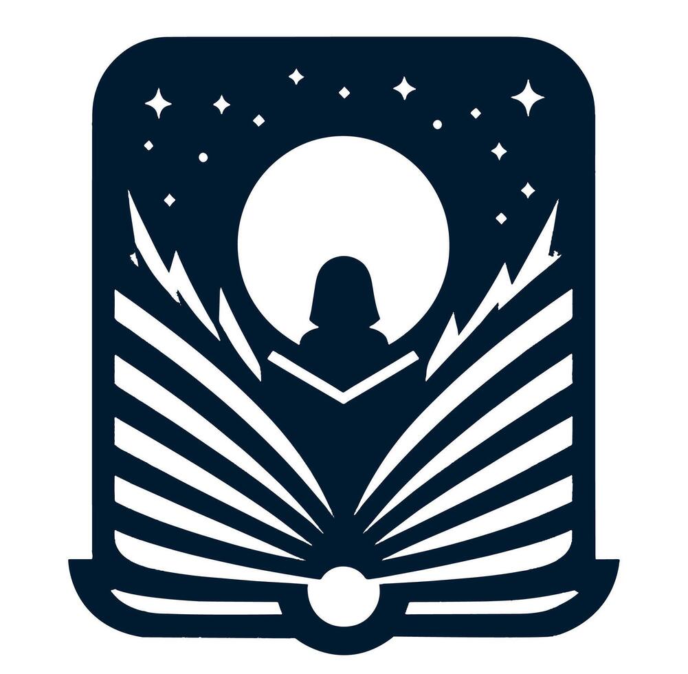 A black and white logo of an open book with a moon in the background vector