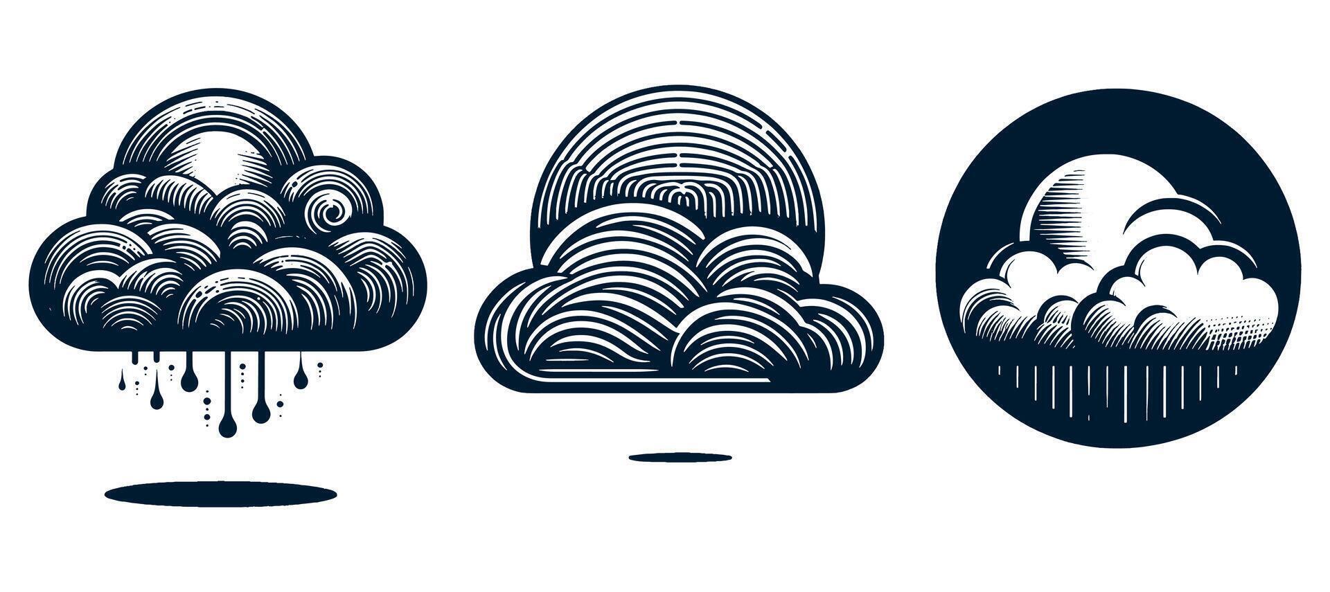 Three different types of clouds with rain drops vector