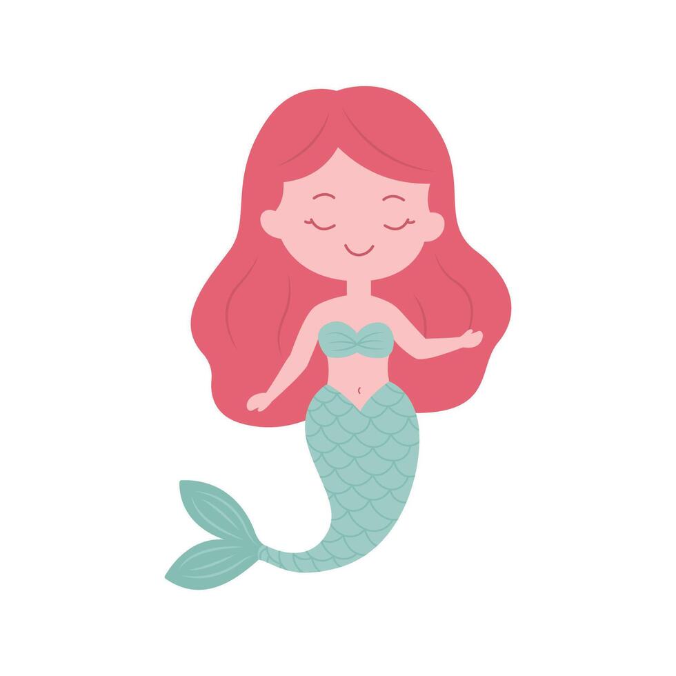 Cute Pretty Little Girl Mermaid Cartoon Character in the Ocean with Smile Expression vector