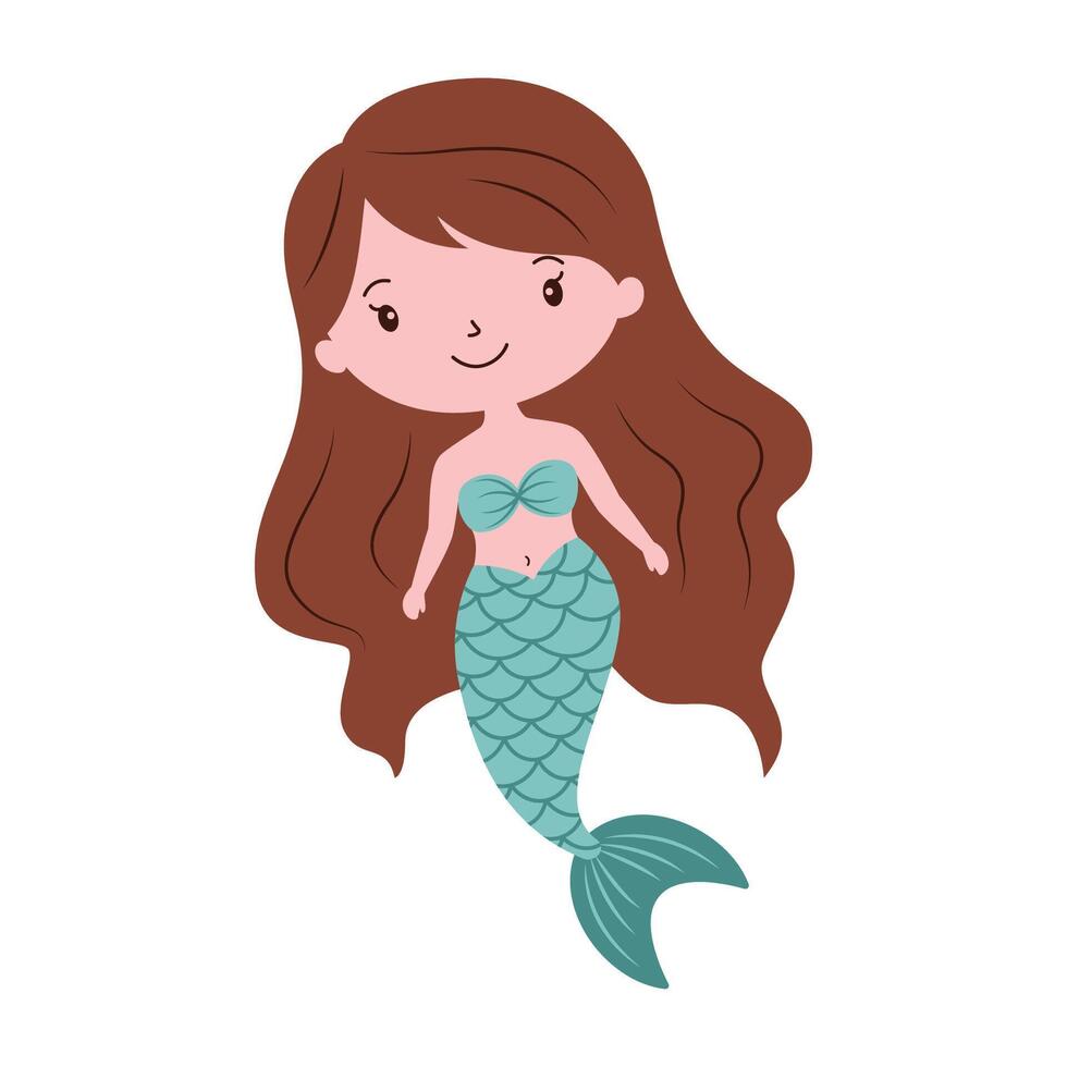 Cute Beautiful Little Girl Mermaid Cartoon Character in the Ocean with Smile Expression vector
