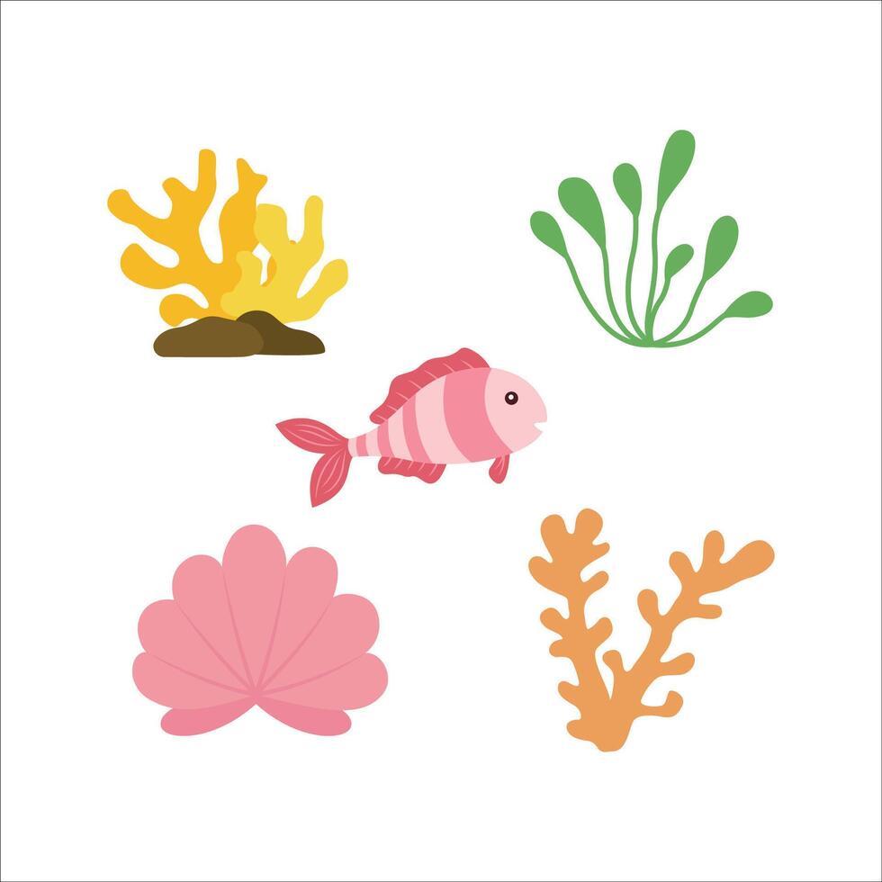 Sea Ocean Marine Life Elements Set of Fish Coral Reef Seaweed Scallop Shell vector