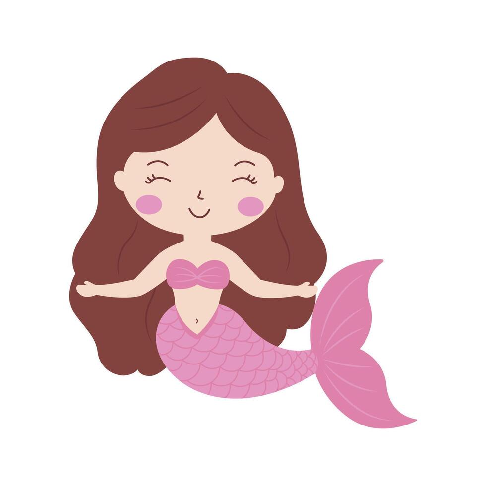 Cute Pretty Little Girl Mermaid Cartoon Character in the Sea with Cheerful Expression vector