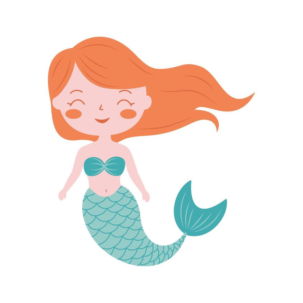 Cute Pretty Little Girl Mermaid Cartoon Character in the Sea with Smile Expression vector