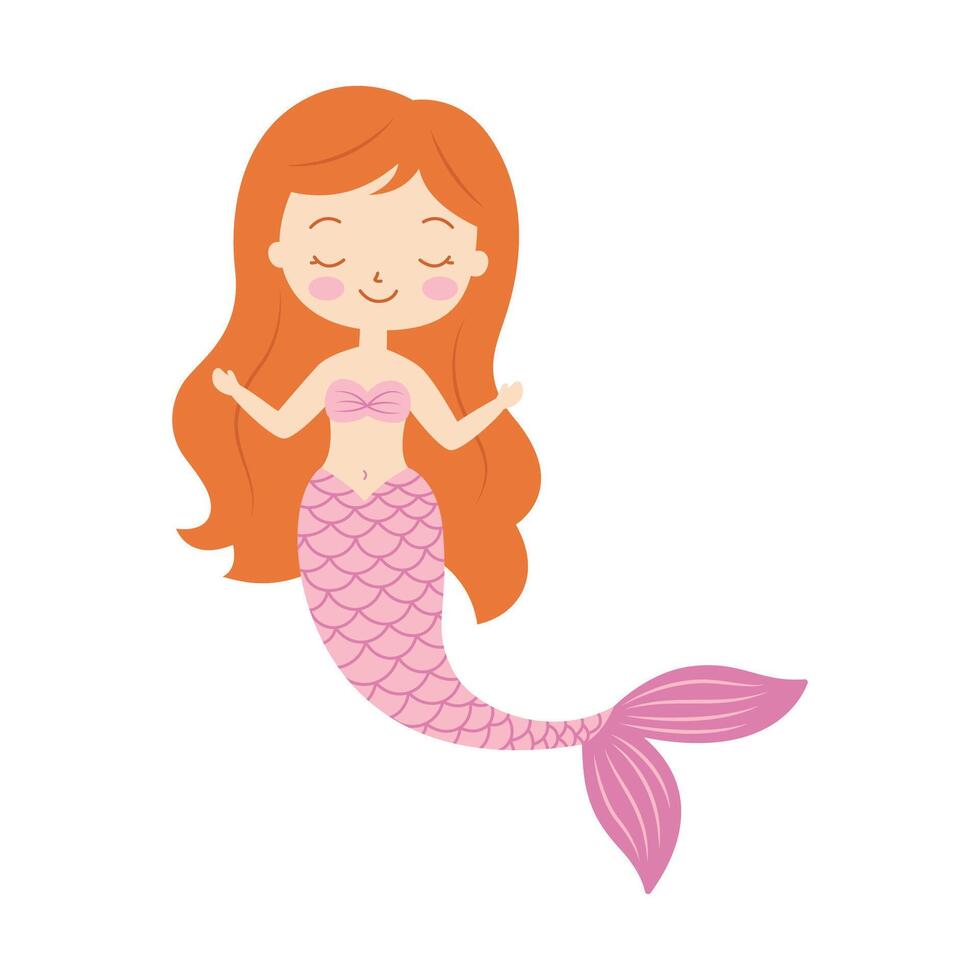 Pretty Little Girl Mermaid Cartoon Character in the Sea with Happy Expression vector