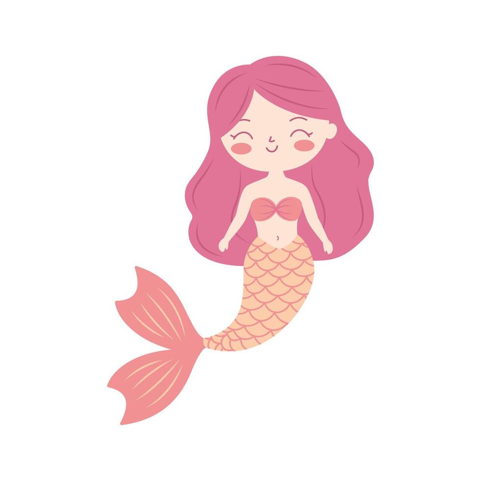 Beautiful Little Girl Mermaid Cartoon Character in the Sea with Happy Expression vector