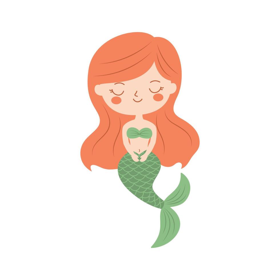 Cute Pretty Little Girl Mermaid Cartoon Character in the Ocean with Happy Expression vector
