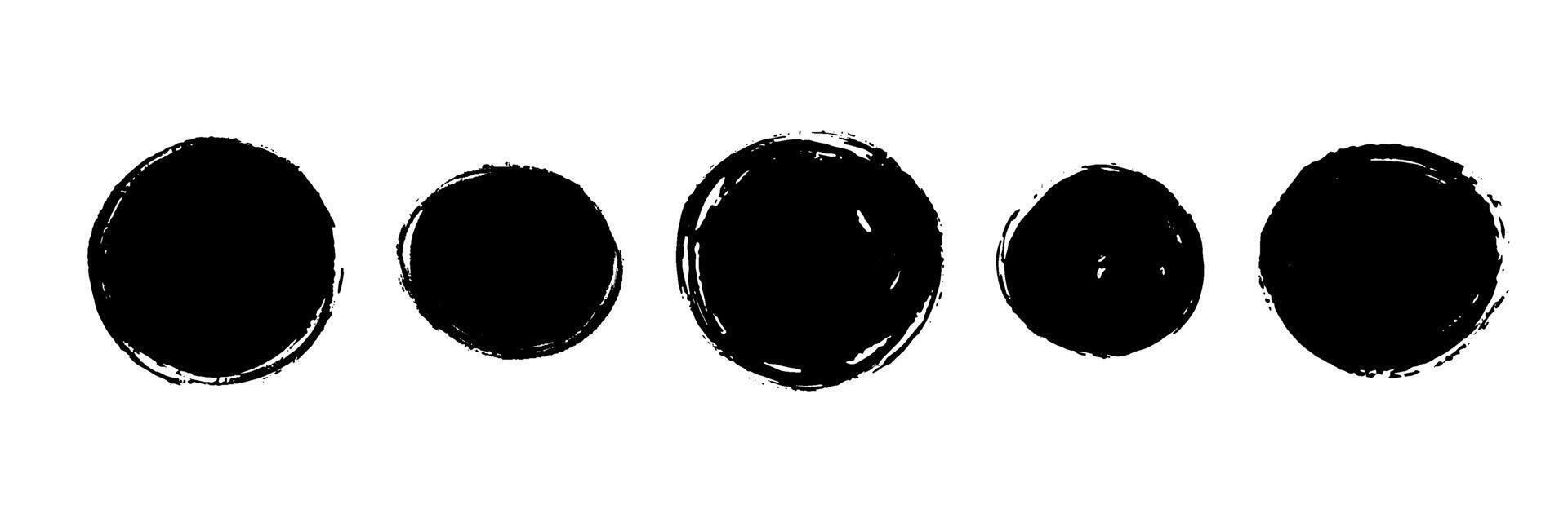 Dry paint round stains set. Black grunge ink circle collection. Textured brush stroke radial element pack. Hand drawn charcoal blobs for frame design, poster, banner, template. Circular spots vector