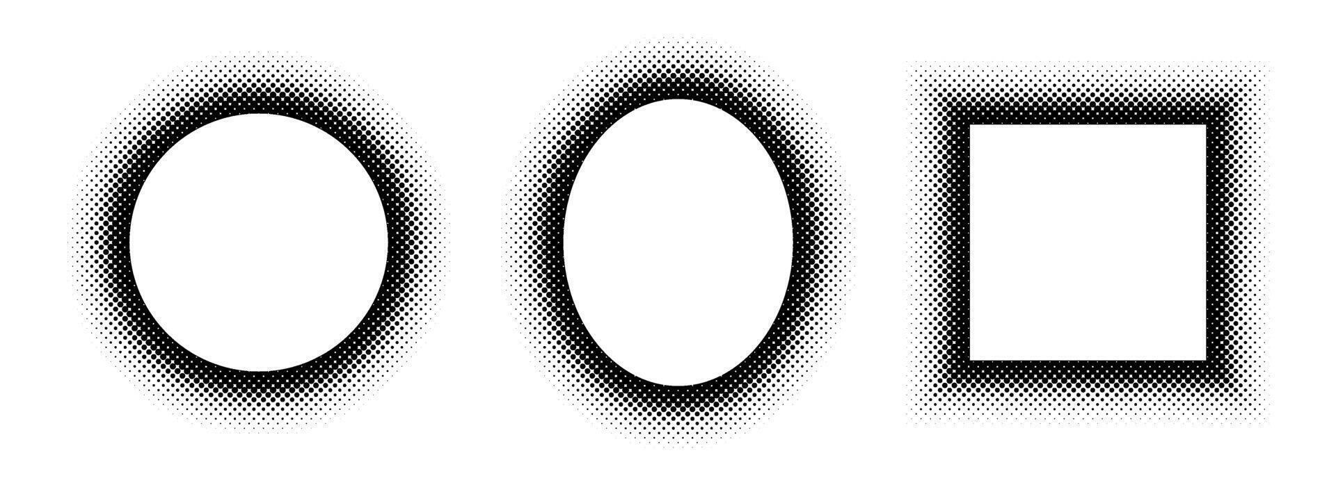 Black halftone geometric frame set. Dotted gradient border collection. Pop art comic dot picture holder design for banner template, copy space, emblem, poster element. Rasterized framing back vector