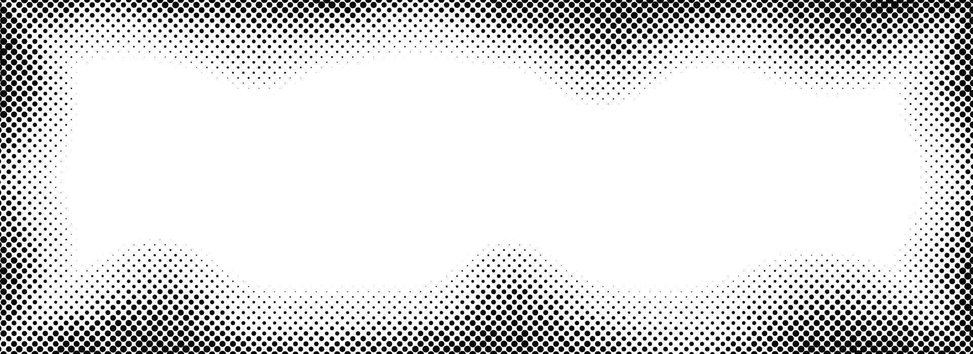 Halftone rectangle grain frame. Black comic dotted wavy border. Pop art fading gradient frame backdrop. Black and white grunge abstract framing background. Dot textured graphic design wallpaper vector