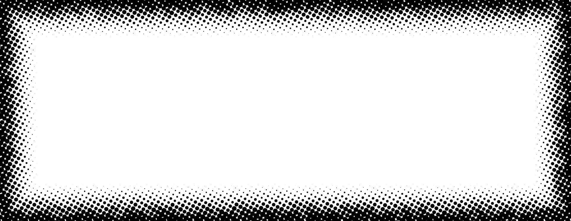 Halftone rectangle grain frame. Black comic dotted border. Pop art fading gradient frame backdrop. Black and white grunge abstract framing background. Dot textured graphic design wallpaper vector